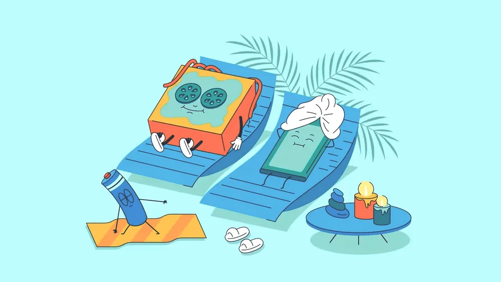 A sandwich box and a phone resting on poolside loungers. Character design and 2D animation.
