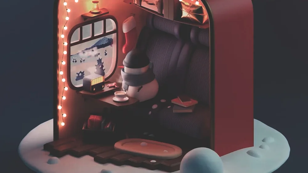 A lit train compartment inside a snow globe, a snowman with a coffee. Full 3D production.