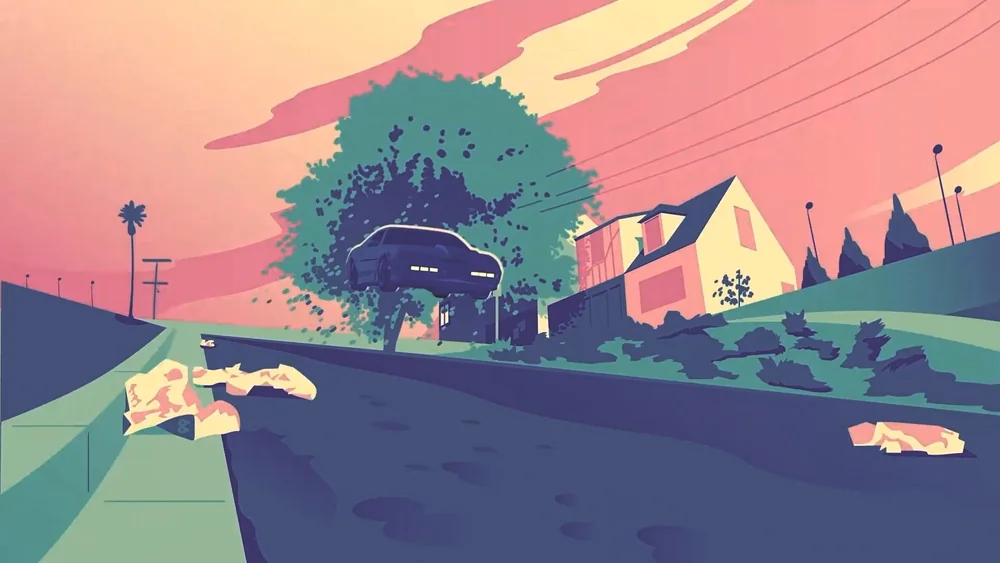 A black car under a tree on a suburban street at dusk. 2D and 3D animation.